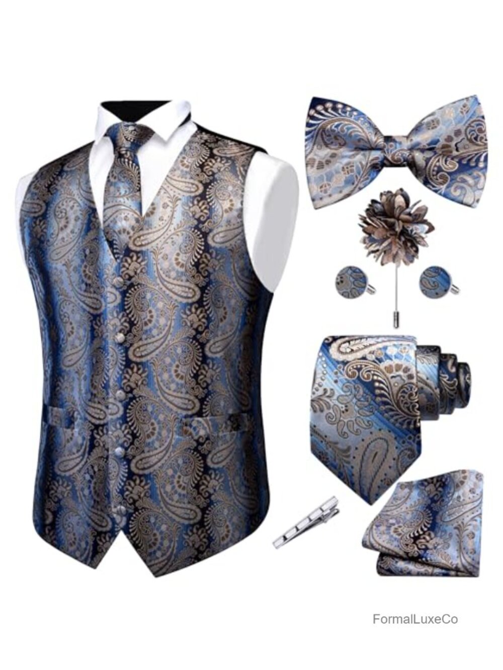 Men's Paisley Jacquard Vest 7PC Tie Bowtie Hanky Lapel Pin Cufflinks Set